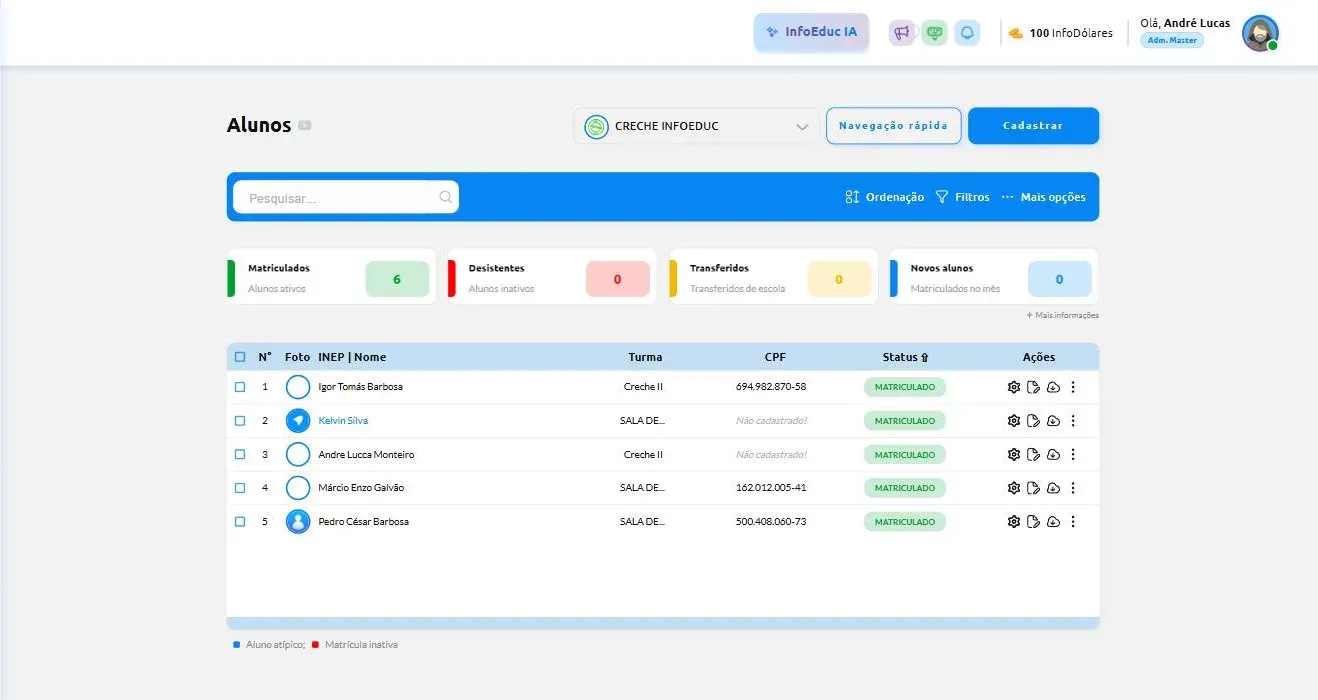 Tela de Alunos do InfoEduc Plus, com contadores de matriculados, desistentes e transferidos, e a lista de alunos por turma