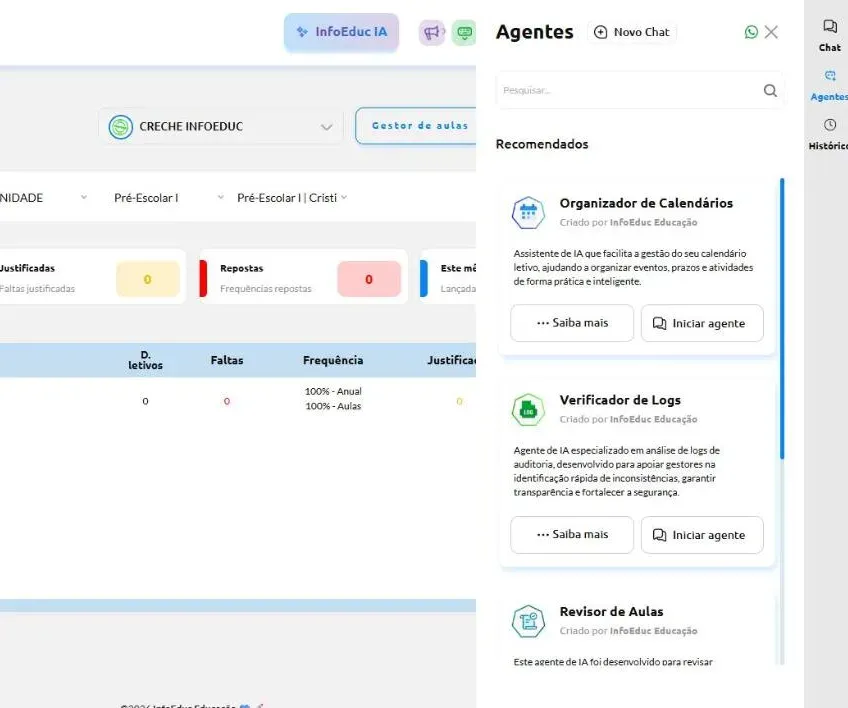 Aba de Agentes do InfoEduc Plus, com o Organizador de Calendários, o Verificador de Logs e o Revisor de Aulas, cada um com a descrição e o botão de iniciar