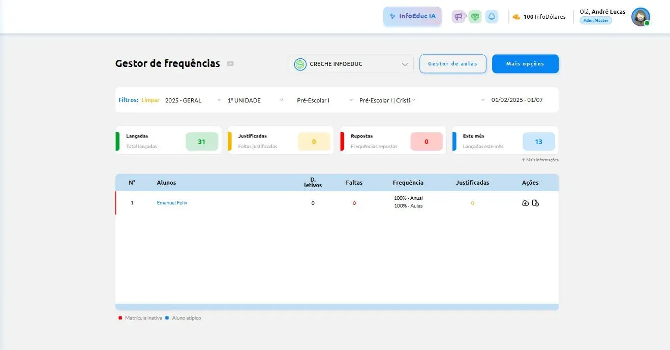 Gestor de frequências do InfoEduc Plus, com filtros por ano letivo, período, turma e professor, contadores de frequências lançadas e justificadas, e a lista de alunos com dias letivos, faltas e percentual de frequência